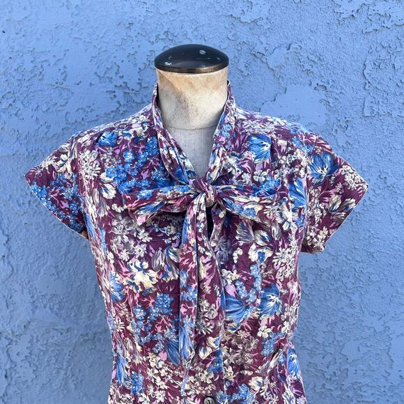 80s Floral Blouse Cottagecore in Womens Small Country Top with Bow - Picture 3 of 10